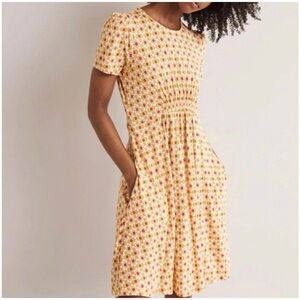 Boden Women’s Sz 10 Petite Yellow Floral Jersey Dress Crew Neck Stretch Pockets